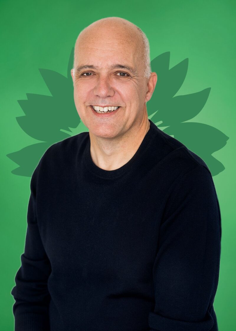 Portrait von Dr. Henning Brockfeld vor einer stilisierten grünen Sonnenblume