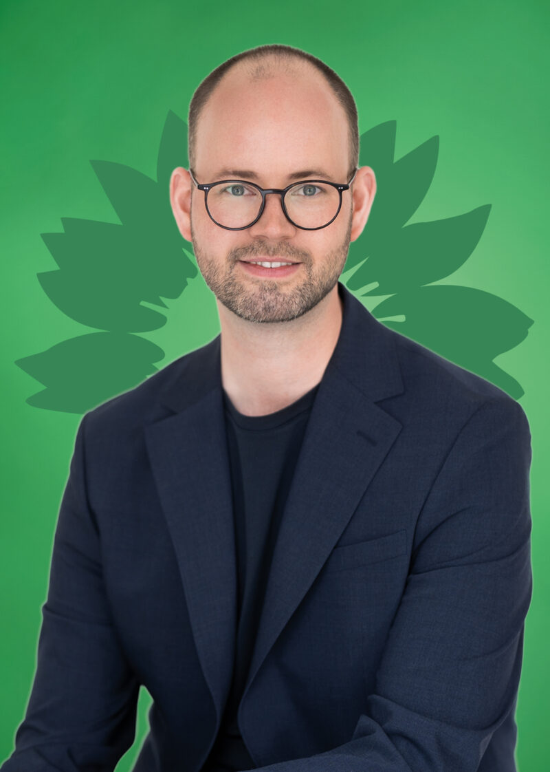 Portrait von Marian Hagedorn vor einer stilisierten grünen Sonnenblume