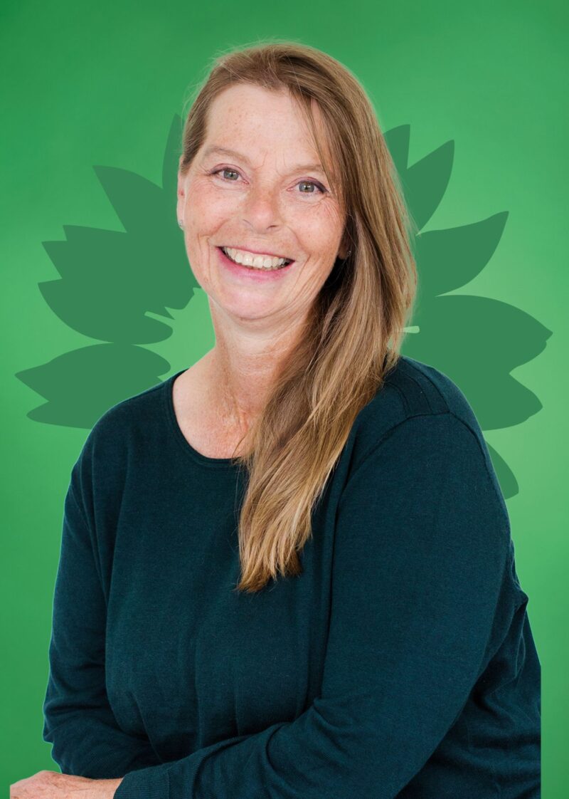 Portrait von Elke Pelz-Mayer vor einer stilisierten grünen Sonnenblume