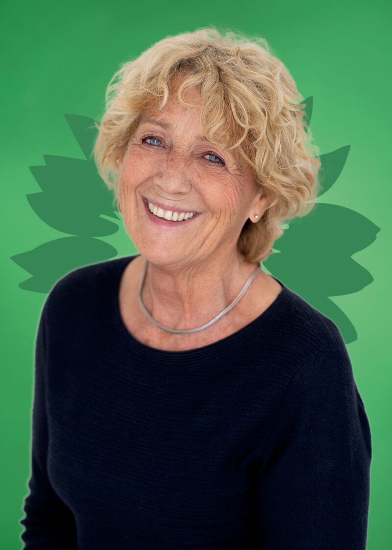 Portrait von Lore Hauschild vor einer stilisierten grünen Sonnenblume